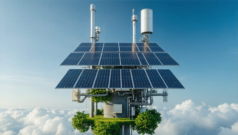 Solar panels mounted on a 5G telecommunications tower with urban backdrop