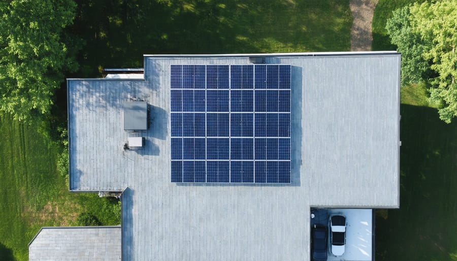 Aerial view of a house with 9000W solar panel system installed on the roof