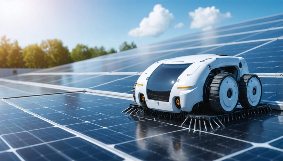 Automated solar panel cleaning robot in action with water-efficient spray system