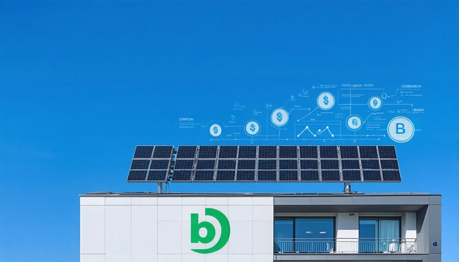 Modern office building with solar panels and B Corporation logo, symbolizing the integration of sustainability and business, under a clear blue sky.