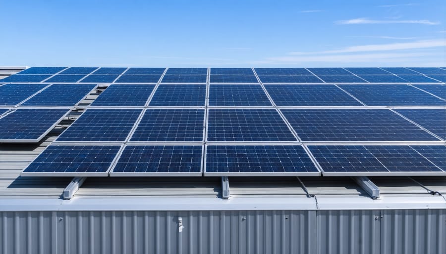 Commercial solar panel installation on modern office building with B Corp logo visible