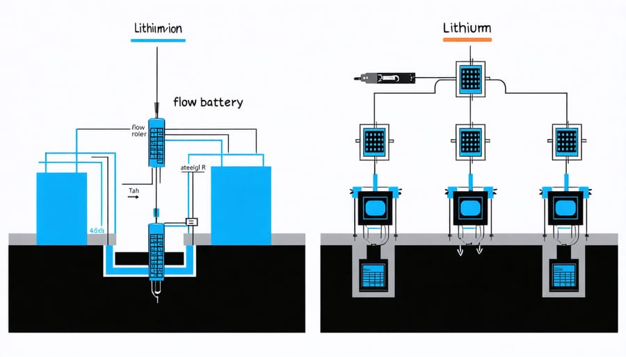 Side-by-side comparison diagram of lithium-ion and flow battery architectures
