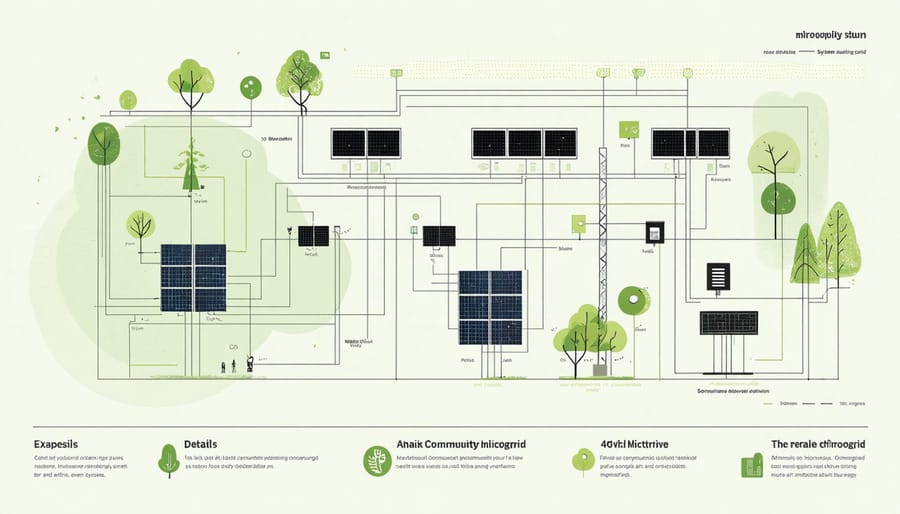 Infographic showing how a rural community solar microgrid connects homes, businesses, and emergency services