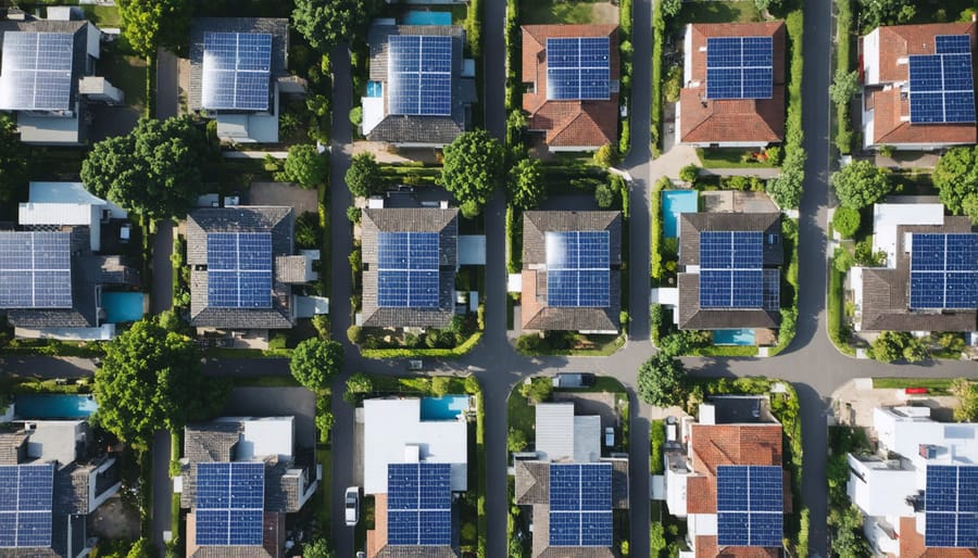 Bird's eye view of a residential community solar installation showing interconnected solar panels across multiple rooftops