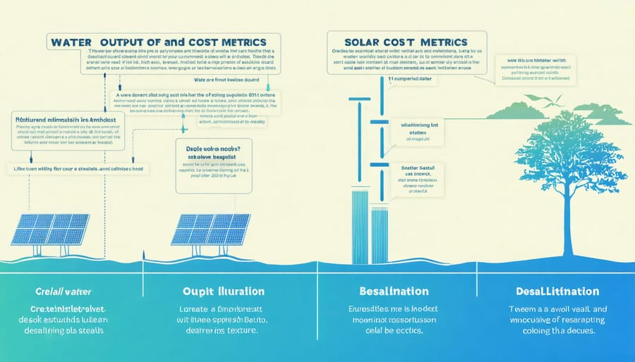 Performance comparison chart showing water production rates and cost efficiency of various solar desalination units