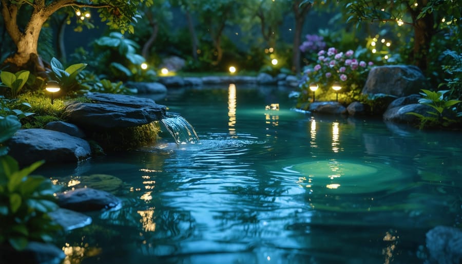 A tranquil garden pond at night illuminated by a series of solar-powered lights, creating a peaceful and enchanting ambiance. The lights enhance the beauty of the surrounding foliage and water features, demonstrating the effectiveness of solar lighting in outdoor settings.