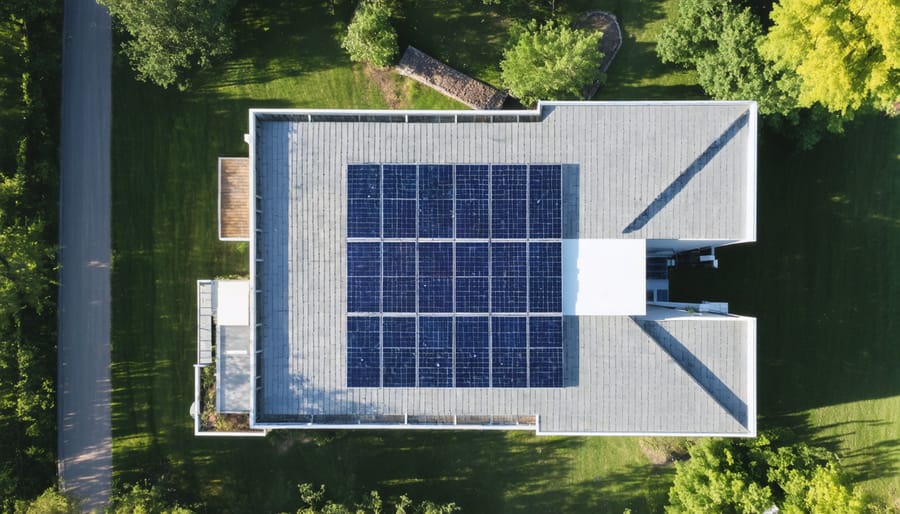 Aerial view of a modern house with a 9000-watt solar panel system installed on the roof, showcasing energy efficiency and sustainability.