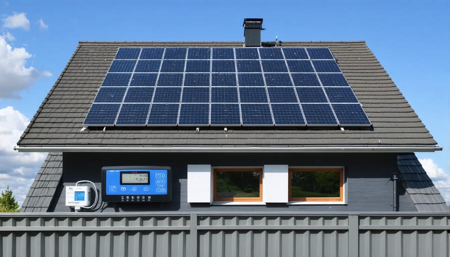 Residential rooftop solar array with visible smart monitoring display and 5G connection interface