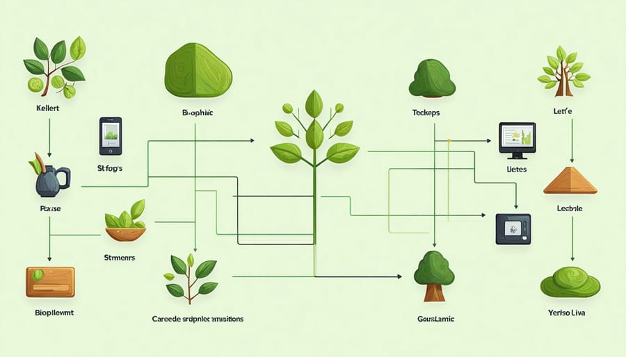 Infographic illustrating the six core elements of Kellert's biophilic design framework
