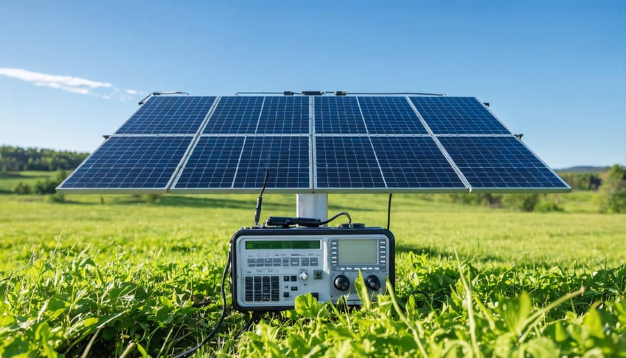 Mobile solar panels powering radio and satellite communication devices during emergency deployment