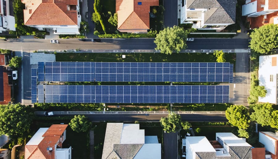 Aerial view of a neighborhood showcasing various homes with solar panels on their roofs, centered around a community solar array, emphasizing a collective approach to clean energy.