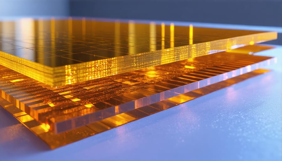 Microscopic view of perovskite solar cell crystal structure with visible layers