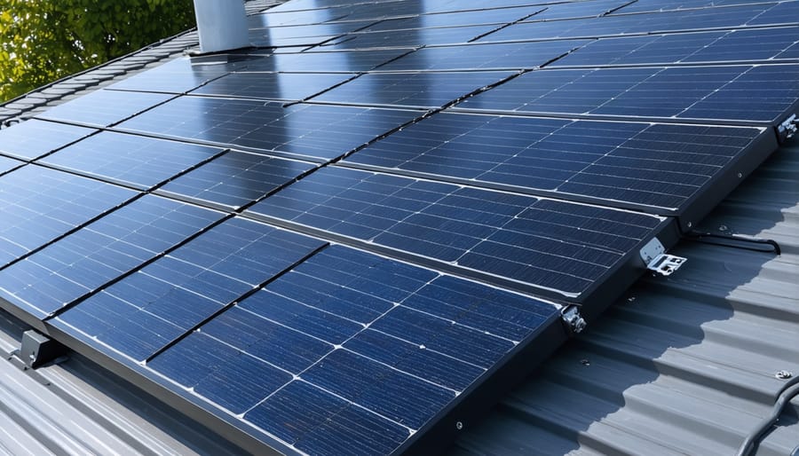 Technicians installing quantum solar panels on a residential rooftop with visible smart home features