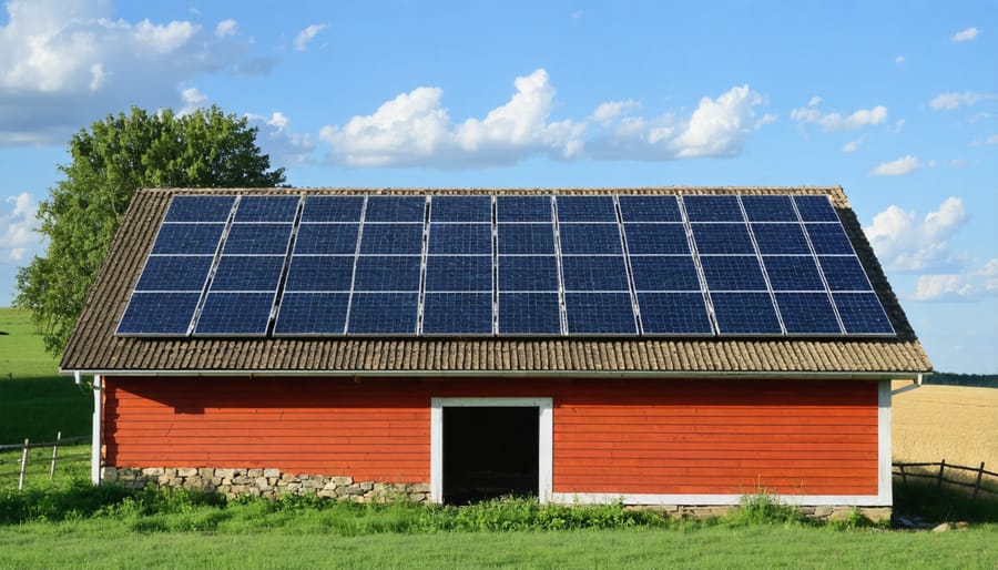 Large solar panels mounted on a barn roof with agricultural fields in the background
