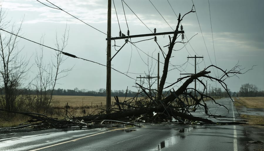 Fallen electrical poles and tangled power lines in a rural landscape after severe weather