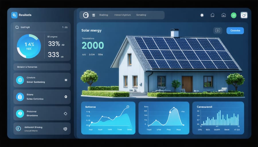 Digital interface displaying solar energy monitoring system with graphs and real-time usage statistics