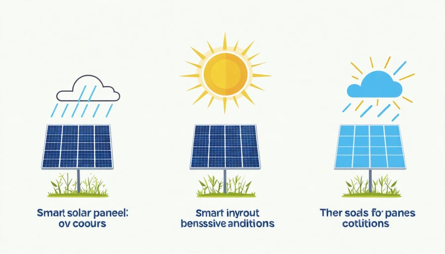 Diagram illustrating smart solar panel responses to sunny, cloudy, and rainy conditions
