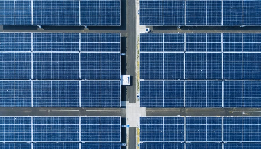 Aerial view of a modern solar installation featuring impact-resistant covers and smart weather monitoring equipment during a hailstorm.