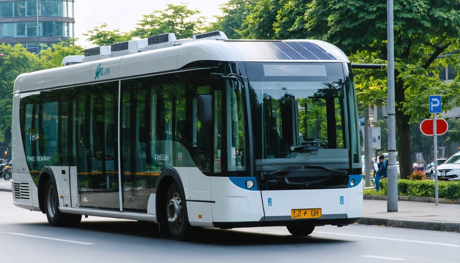 Modern solar-powered bus driving through a city street with rooftop solar panels clearly visible