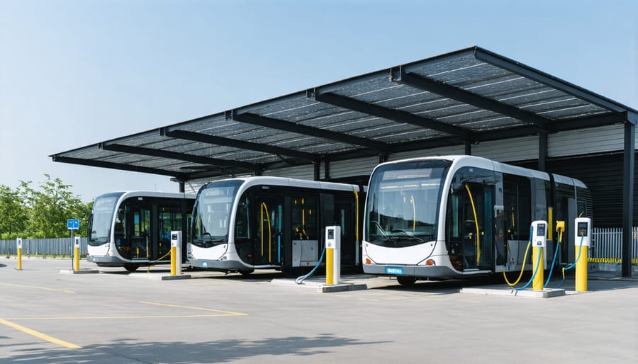 Public transit facility with solar-powered charging stations for electric buses