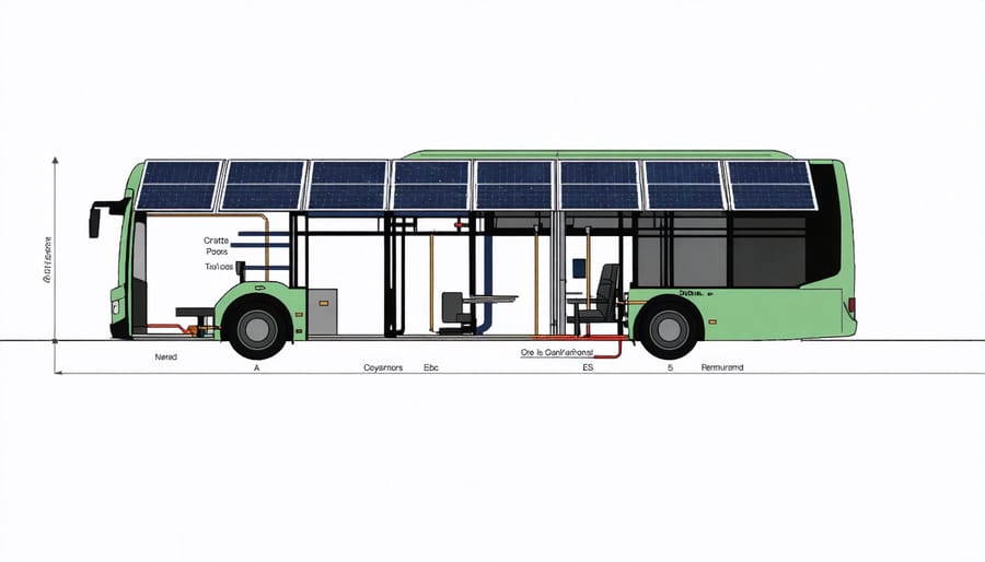 Cross-sectional diagram of a solar-powered bus highlighting solar panel integration and power systems