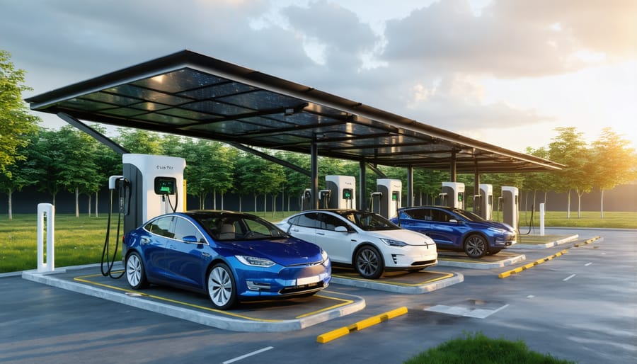 Electric vehicles charging at a solar-powered charging station with overhead solar panels