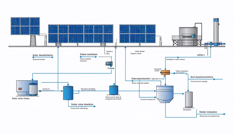 Cross-sectional diagram of a solar desalination unit showing solar collectors, evaporation chamber, and condensation system