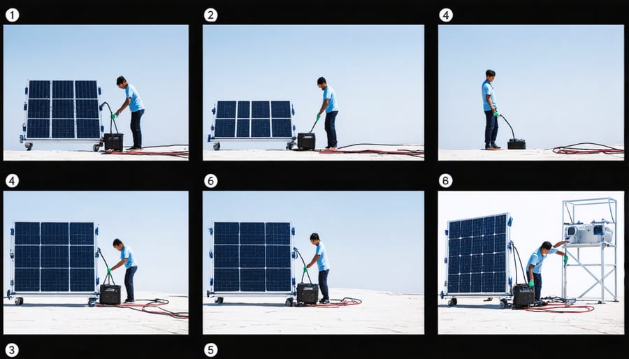 Installation sequence showing key steps in setting up a solar-powered water purification system