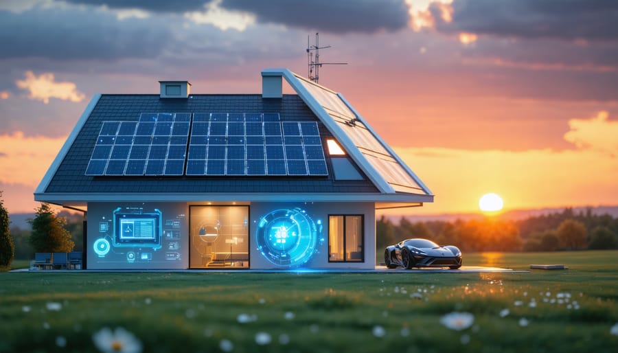 Illustration of a modern home equipped with advanced solar panels and a sleek battery storage unit, demonstrating cutting-edge technology for energy independence and sustainability.