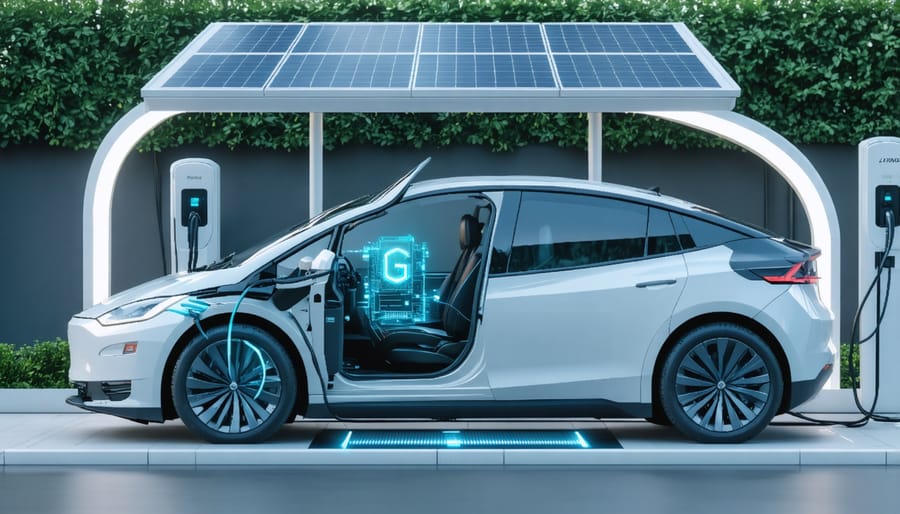 Solar-powered EV charging station with visible 5G connectivity symbols and multiple charging ports