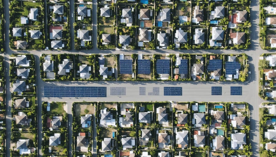 Aerial photograph showing houses near a large solar panel installation