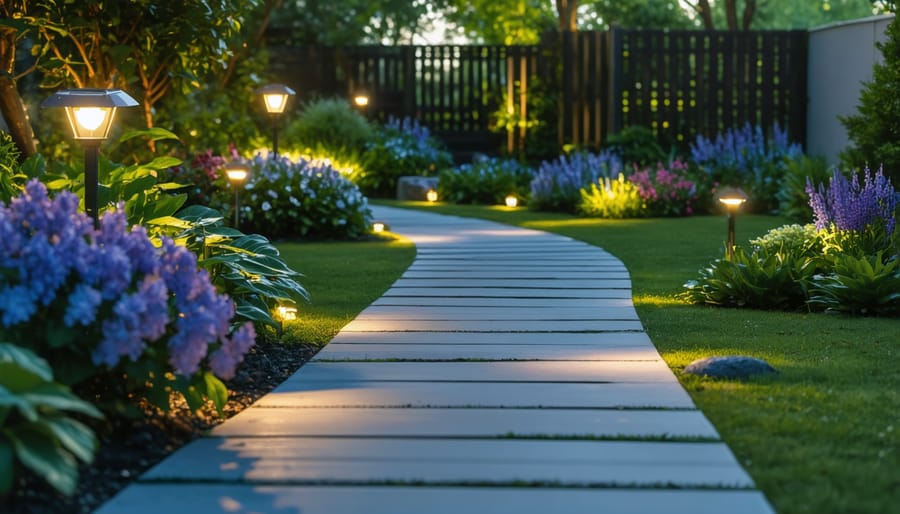 Garden pathway illuminated by solar LED lights creating a safe and attractive walkway