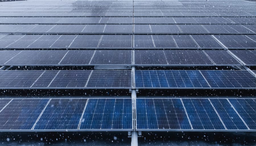 Solar panels with protective covers being pelted by hail