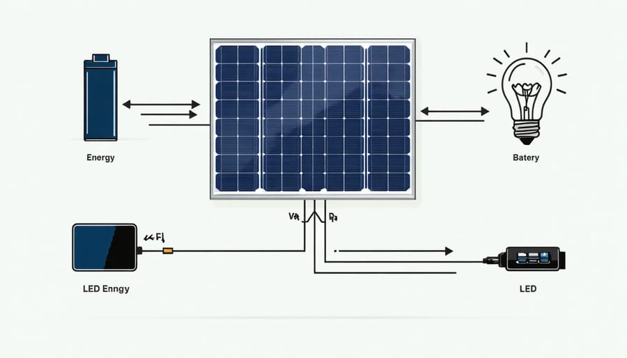 Technical diagram illustrating how solar-powered LED lights convert and store energy