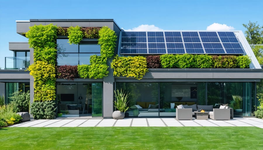 Green building facade showing seamless integration of solar panels with vertical garden