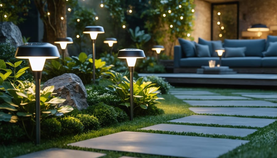 Beautifully illuminated backyard with various solar lighting features