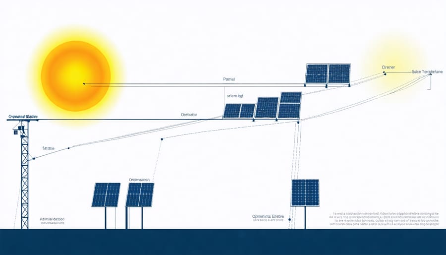 Technical diagram illustrating ideal solar panel positioning angles and orientation for maximum energy capture
