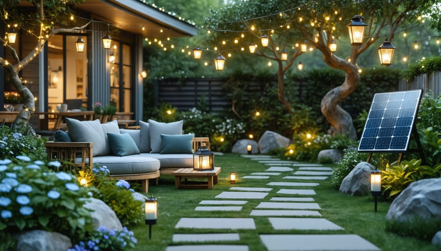 A serene backyard featuring solar-powered lighting, a cozy seating area, and a visible solar panel under a warm evening sky, representing sustainable outdoor living.