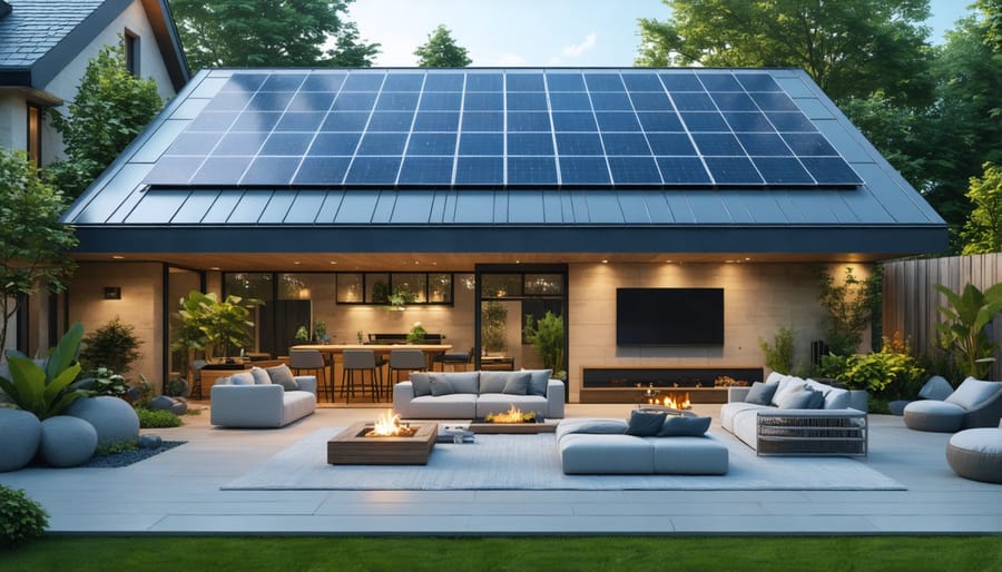 Solar-powered backyard featuring integrated lighting and entertainment areas
