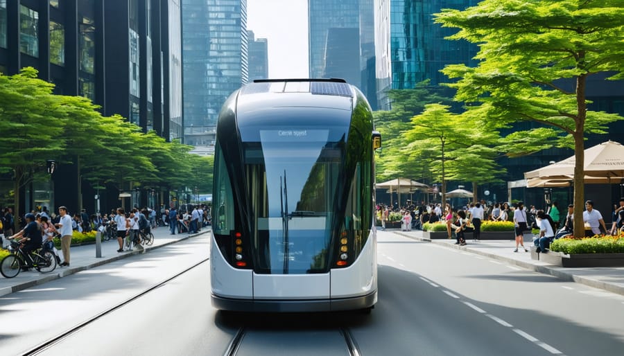 A futuristic solar-powered bus with visible rooftop solar panels driving through a modern city street, surrounded by greenery and other eco-friendly transportation solutions.