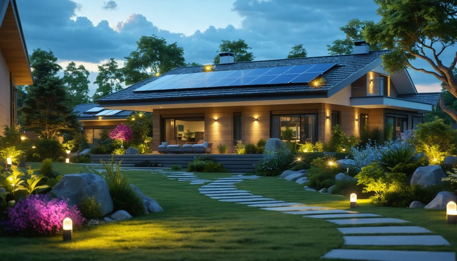 A contemporary home with solar-powered LED lights illuminating garden pathways and rooftop solar panels, showcasing sustainable, energy-efficient living.