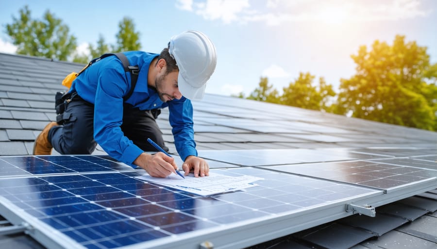 Technician conducting solar site assessment with specialized equipment