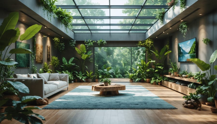 Sunlit living space showcasing solar skylights and biophilic design elements