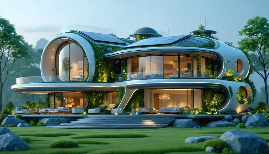 Futuristic home showcasing transparent solar windows and solar shingles, surrounded by greenery, representing sustainable energy integration.