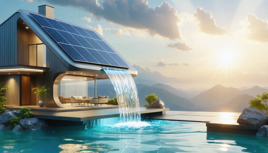 An illustration of a modern house with solar panels generating clean water, depicting the sun's rays transforming into a stream of potable water, symbolizing solar water generation's sustainable and eco-friendly technology.