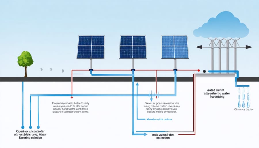 Technical illustration of solar-powered atmospheric water generation process