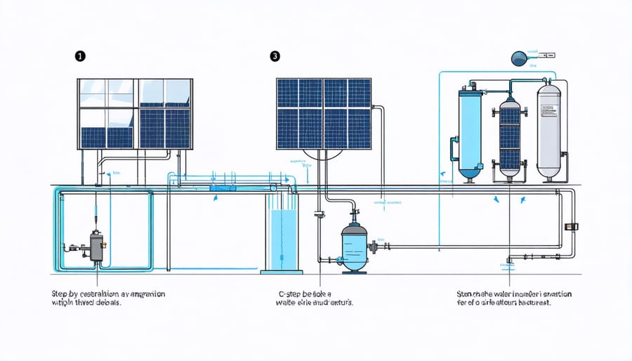 Installation guide showing main components and assembly steps for solar water generator