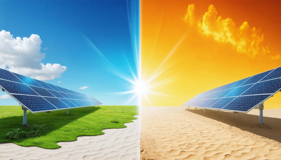 Conceptual illustration comparing water consumption differences between photovoltaic panels and concentrated solar power systems; one side shows photovoltaic panels with minimal water use and greenery, while the other illustrates concentrated solar power with significant water use in a desert setting.