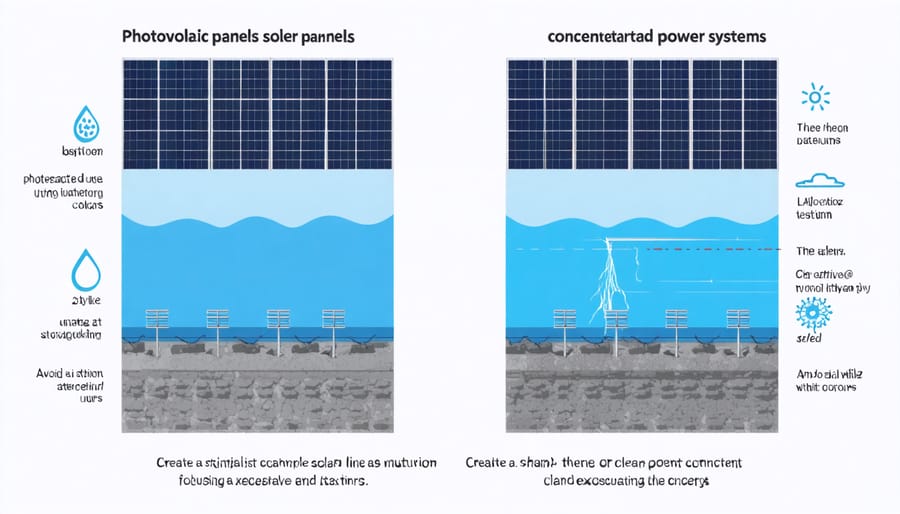 Comparison diagram showing water consumption differences between PV and CSP solar technologies