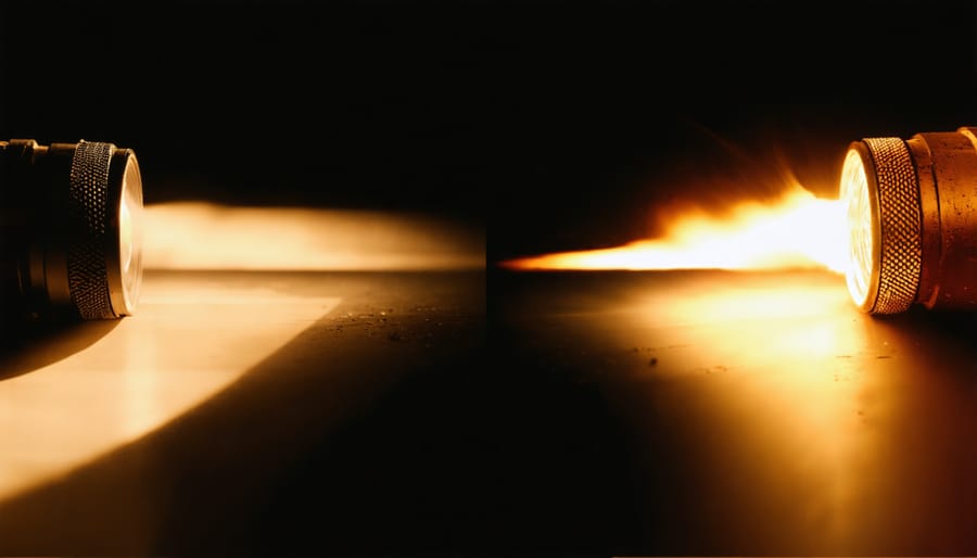 Side-by-side comparison showing the difference between normal and flickering torch light beams